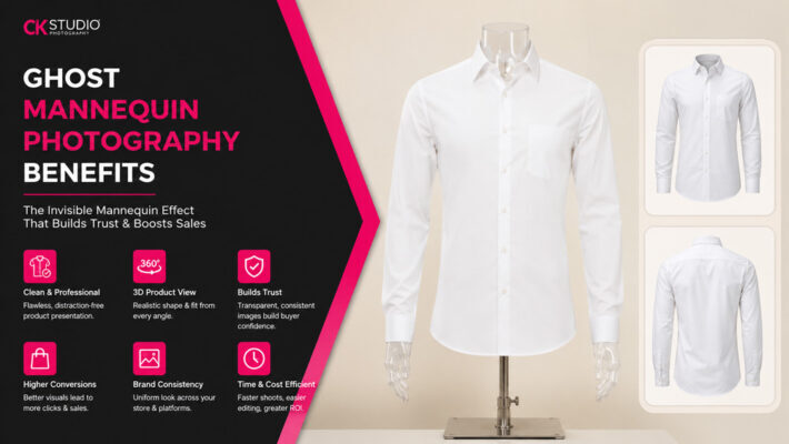 Editorial split layout featuring ghost mannequin photography benefits with a floating white shirt in a realistic 3D invisible mannequin effect, front and back product views on an ivory background for ecommerce fashion brands.