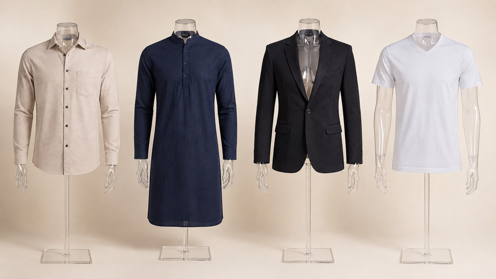 Ghost Mannequin Photography Benefits showing 3D invisible mannequin product view for ecommerce fashion brands with white shirt on ivory background editorial style