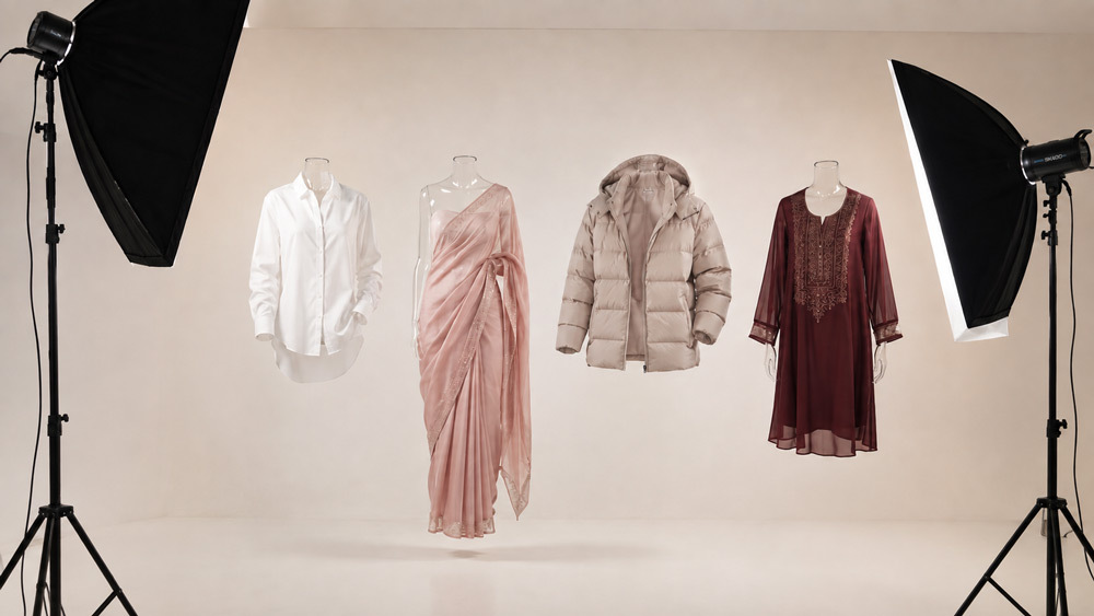 Wide cinematic editorial banner showing floating white shirt draped saree puffer jacket and kurti styled as ghost mannequin photography examples on ivory background — Ckstudio Delhi NCR