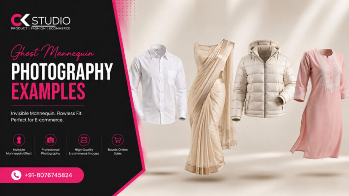 Ghost mannequin photography examples featuring a floating white shirt, saree, puffer jacket, and kurti on invisible mannequins for professional ecommerce apparel photography.