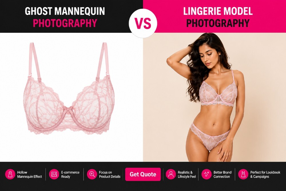 Ghost mannequin photography vs lingerie model photography comparison