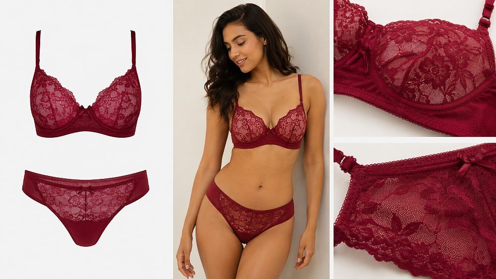 Behind the scenes of hybrid lingerie product detail page image sequence combining ghost mannequin, on-model fit and lace