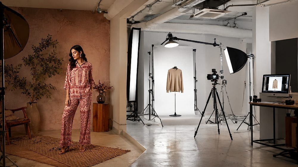 Behind the scenes of wide production shot of hybrid shoot day showing Indian female model in styled co-ord set on