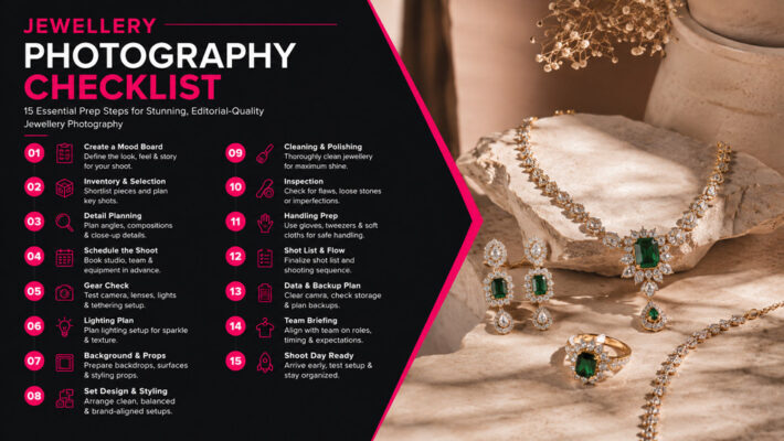Jewellery photography checklist infographic featuring 15 essential preparation steps alongside an editorial jewellery product photography setup with necklace, earrings and ring.