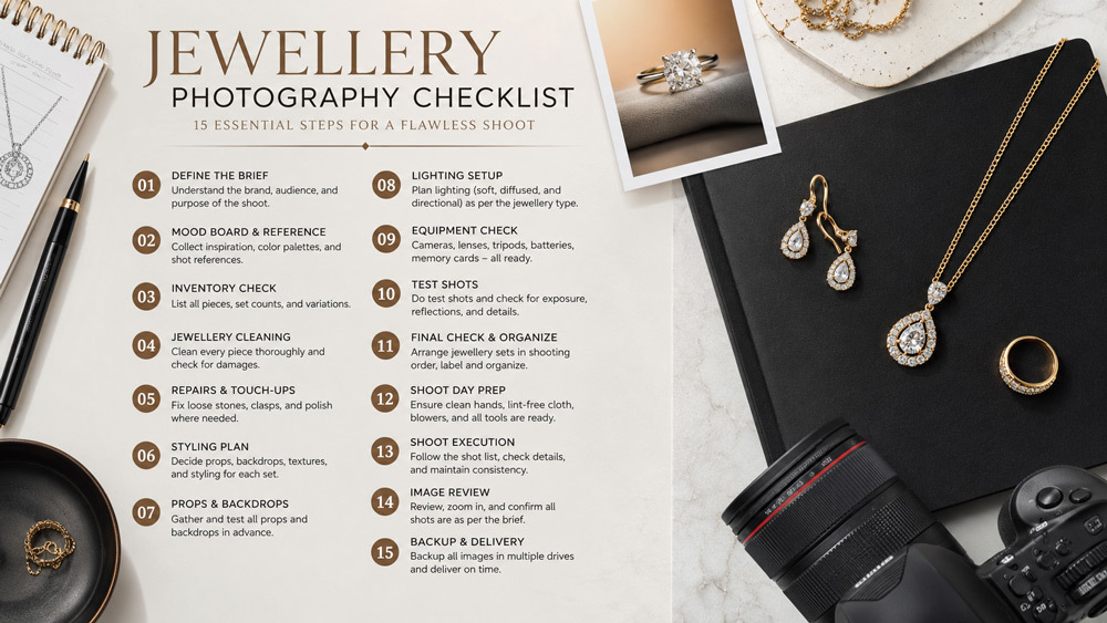 Jewellery photography checklist visual infographic showing 15 numbered prep steps from mood board and inventory to cleaning and shoot day for editorial magazine style product photography
