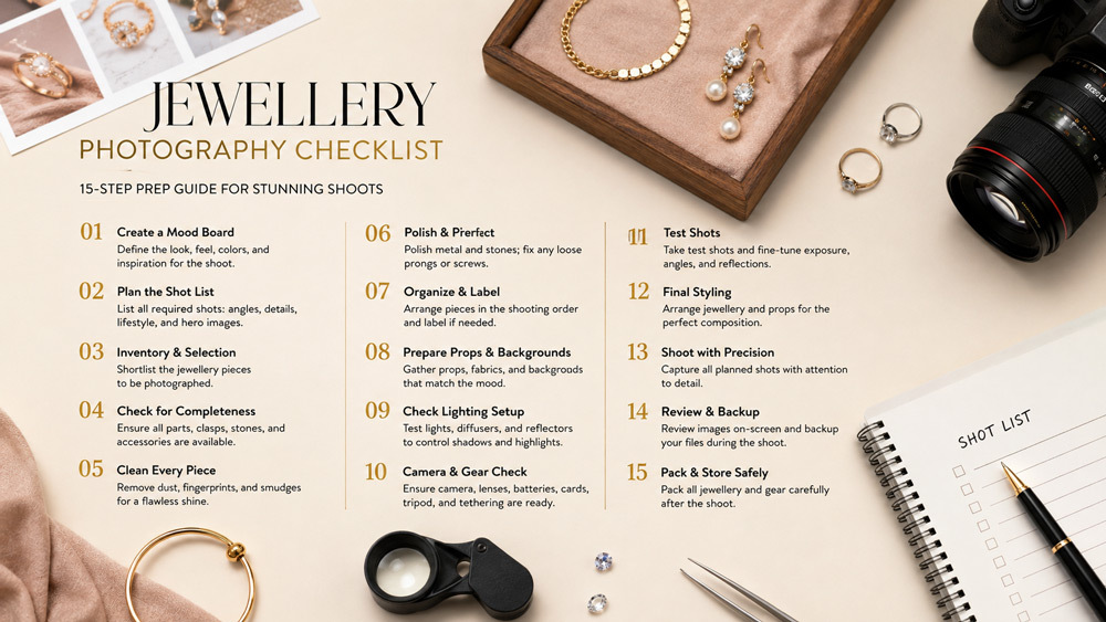 Jewellery photography checklist prep flat lay with gold ring, lint-free cloth, tweezers and printed SKU sheet on warm off-white marble surface under editorial lighting for professional product photography
