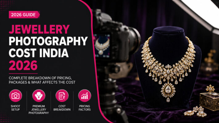 Premium editorial jewellery photography infographic featuring a gold and diamond necklace on a dark velvet background with BTS studio camera setup and 2026 jewellery photography cost guide.