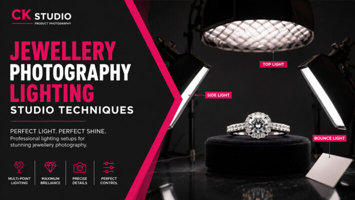 Professional jewellery photography lighting setup featuring a diamond ring under multi-point studio lights with a split layout explaining studio lighting techniques.