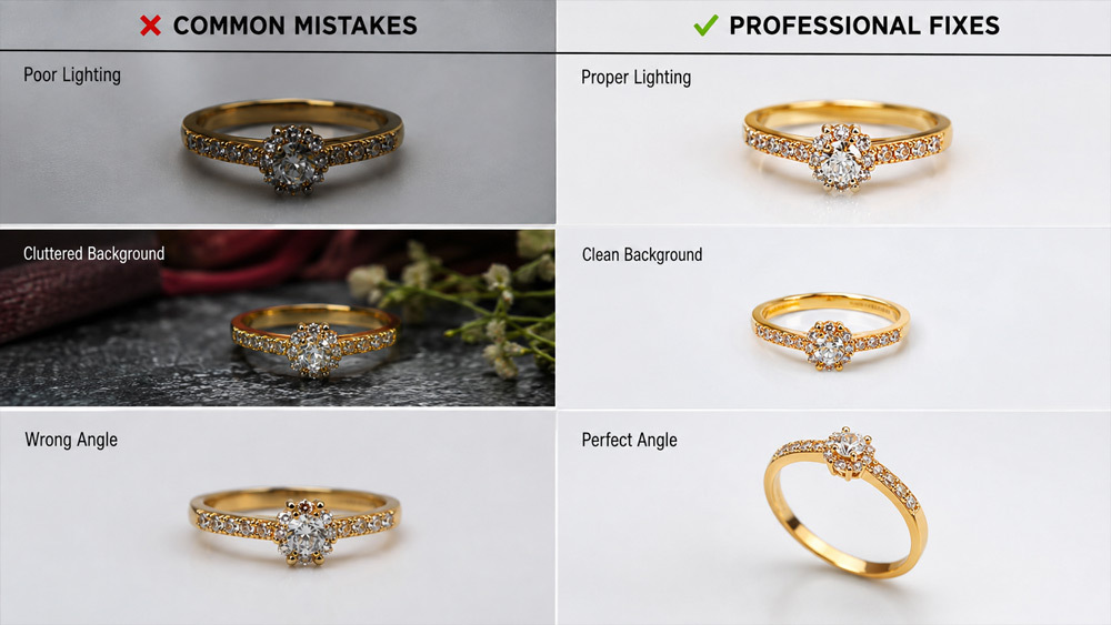 Common jewellery photography mistakes shown side by side with professional Ckstudio fixes on a gold ring
