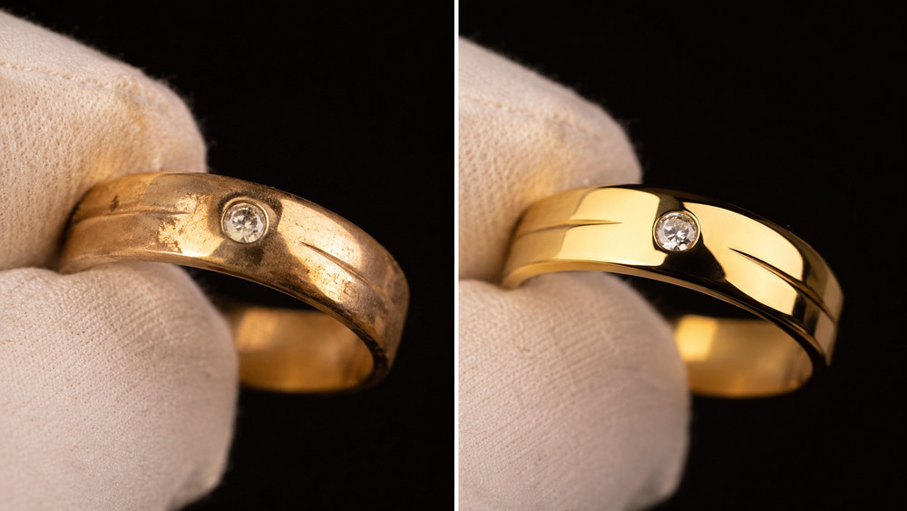 Jewelry cleaning before photoshoot split frame macro comparison showing dusty fingerprint smudged gold ring on left versus polished mirror clean gold ring on right under warm studio product photography lighting on black seamless background