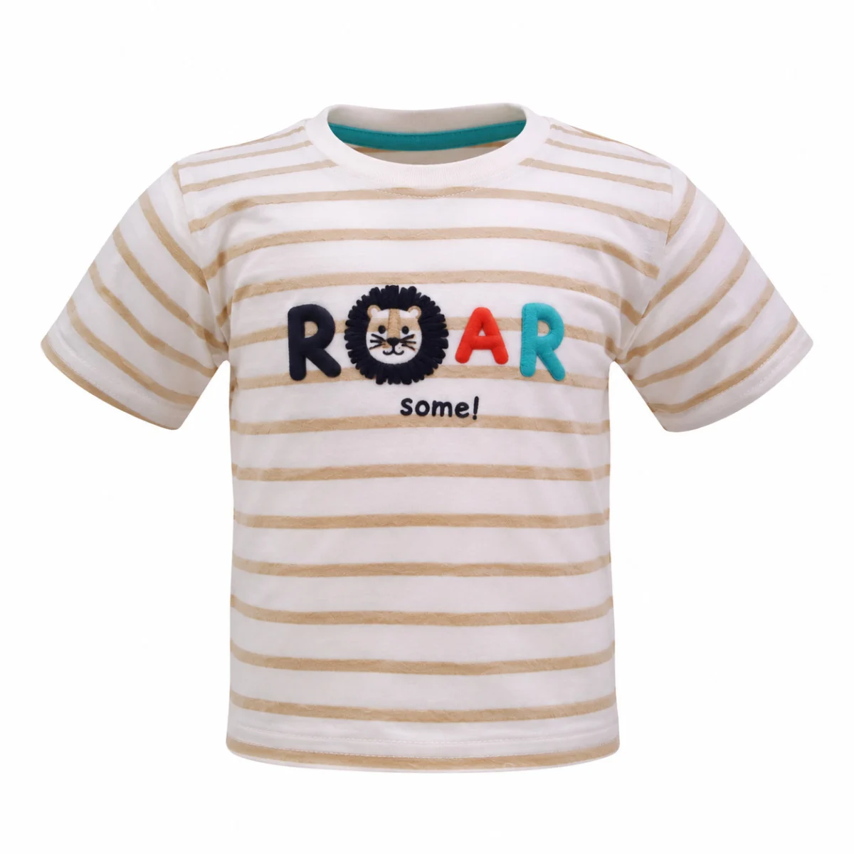 Striped kids t-shirt on an invisible mannequin against a clean white background, chest print and collar trim sharp with no overlay text added to the image