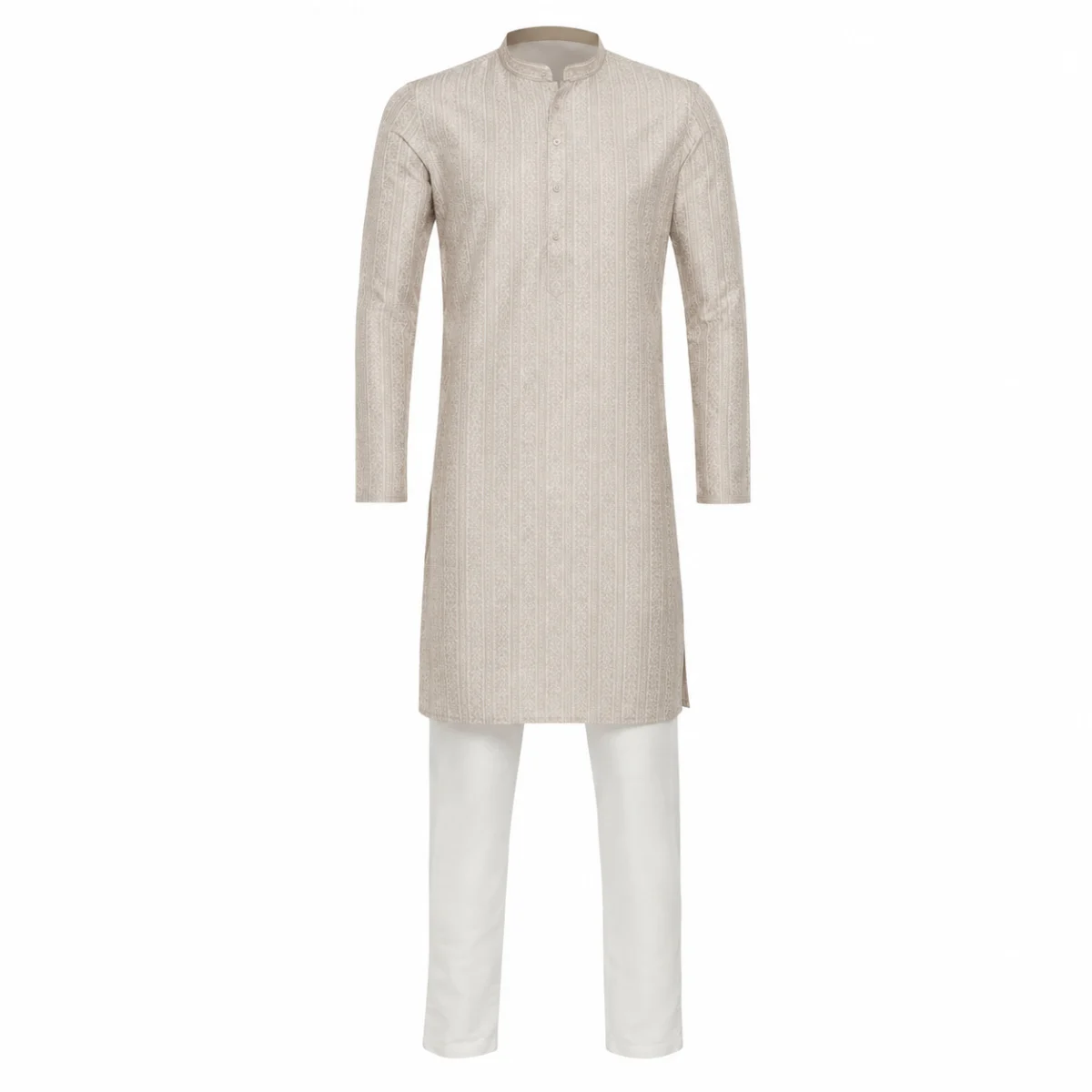 Beige menswear kurta pyjama set photographed on an invisible mannequin against white, showing the clean, evenly lit frame a QC reviewer checks for colour and crop before upload