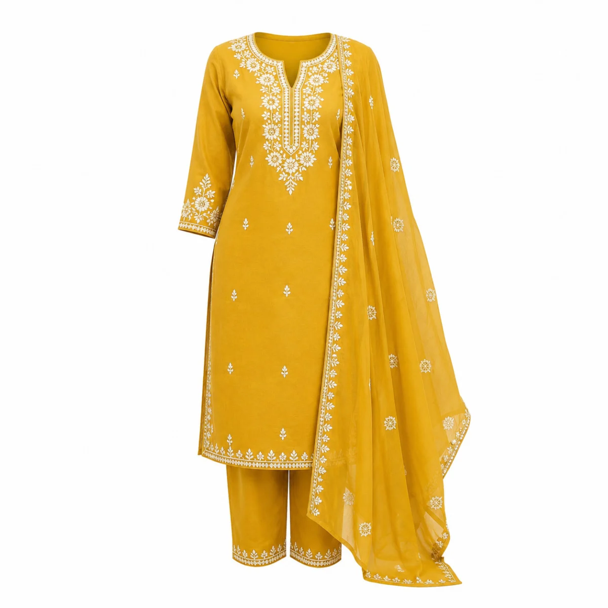 Mustard kurti and dupatta set shown on an invisible mannequin with the dupatta draped over one shoulder, a later gallery frame for a fashion listing image set
