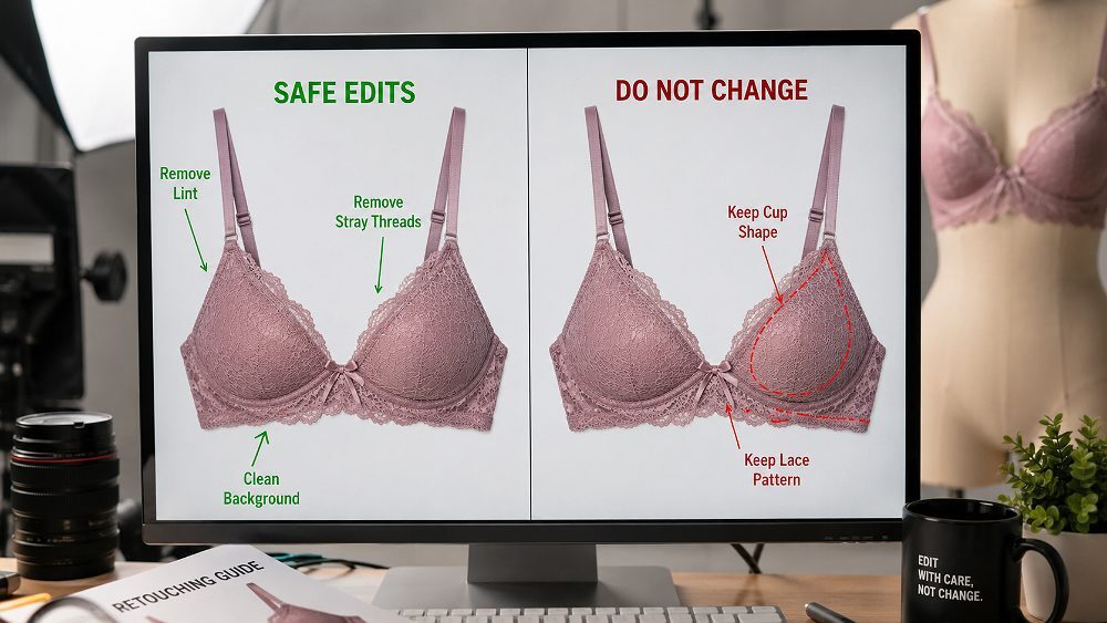 Behind the scenes of colour-accurate lingerie photo editing workstation at an Indian standard ecommerce photography studio