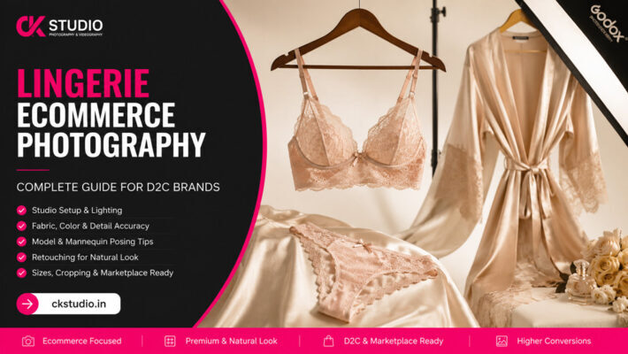 Lingerie ecommerce photography setup at Indian standard ecommerce photography studio with lace bralette on soft-lit ivory backdrop, diffused softbox lighting and champagne satin robe styled for a premium D2C intimate apparel catalogue shoot