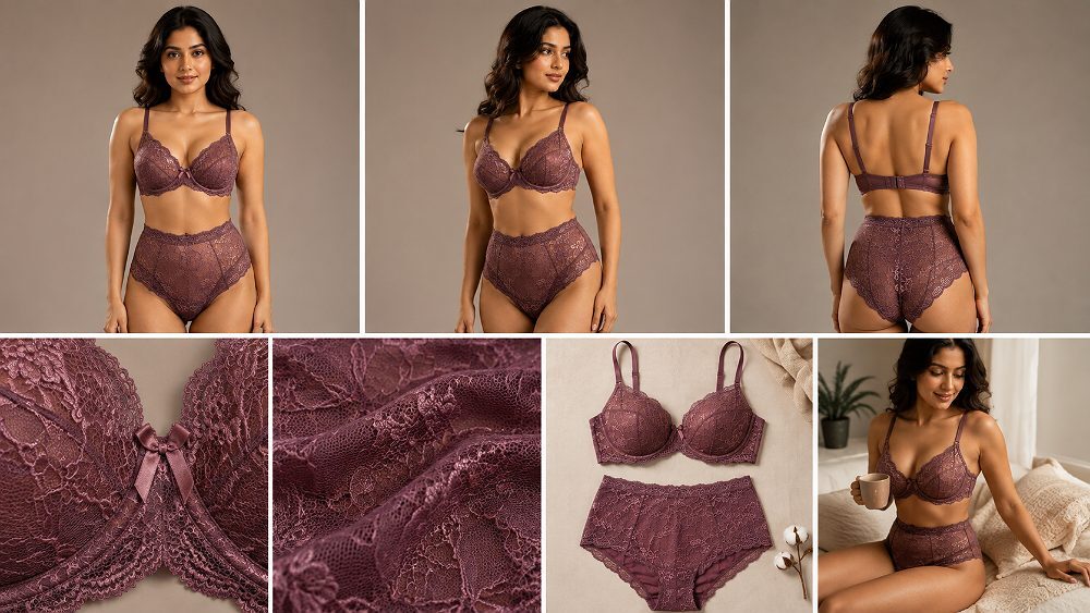 Behind the scenes of seven-image ecommerce lingerie photography contact sheet for one matching bra and brief SKU,