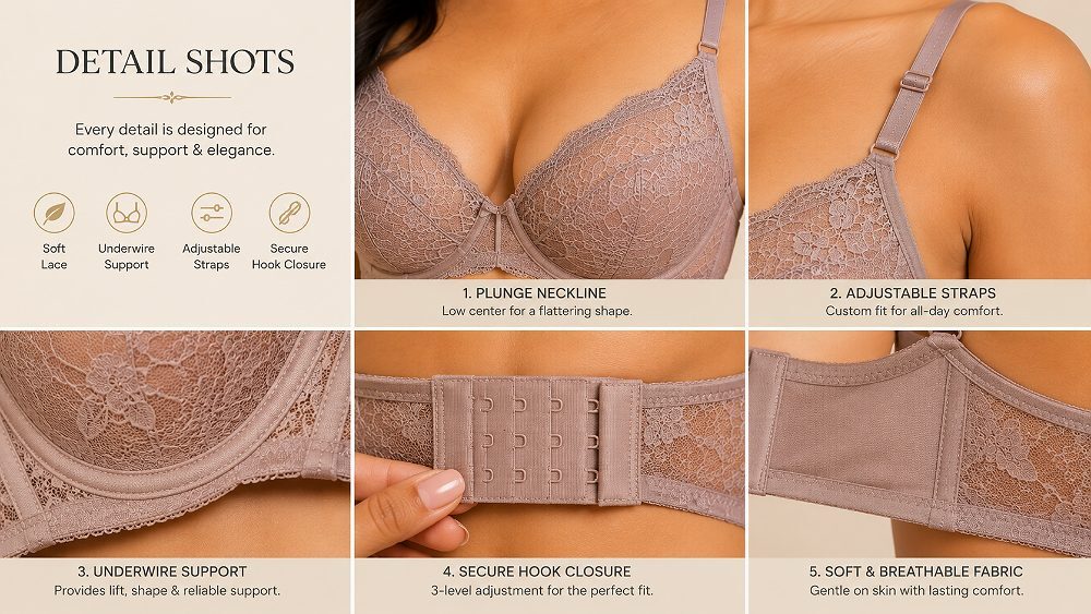 Behind the scenes of extreme close-up of premium lingerie worn by a real adult Indian female model in an Indian standard