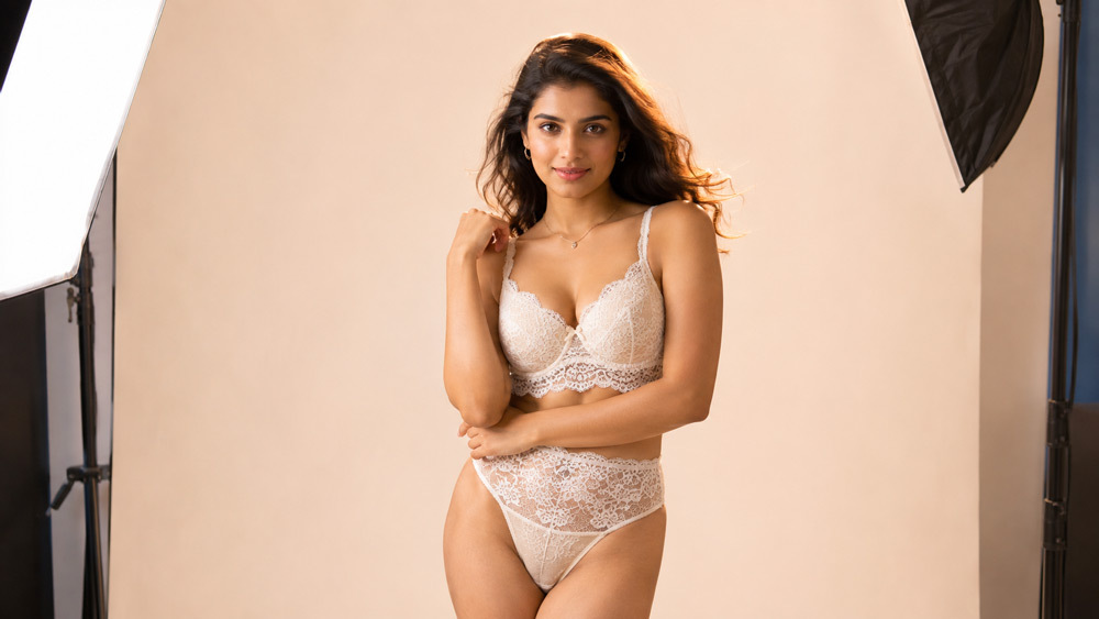 Lingerie model photography at Indian standard ecommerce photography studio featuring a fit model in a nude lace bralette with matching high-waist brief on ivory backdrop, warm soft box lighting from front and hair light for gentle separation, styled for D2C brand catalogue