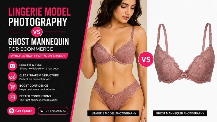 Split-frame comparison of lingerie model photography on a real body beside a ghost mannequin bra shot on a