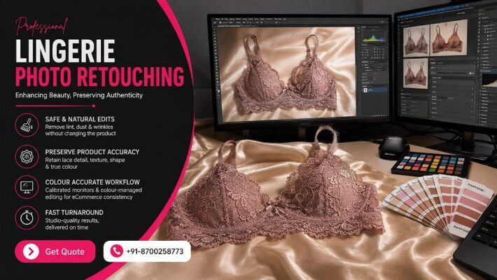 Editorial retouching workspace at an Indian standard ecommerce photography studio showing a lace bralette