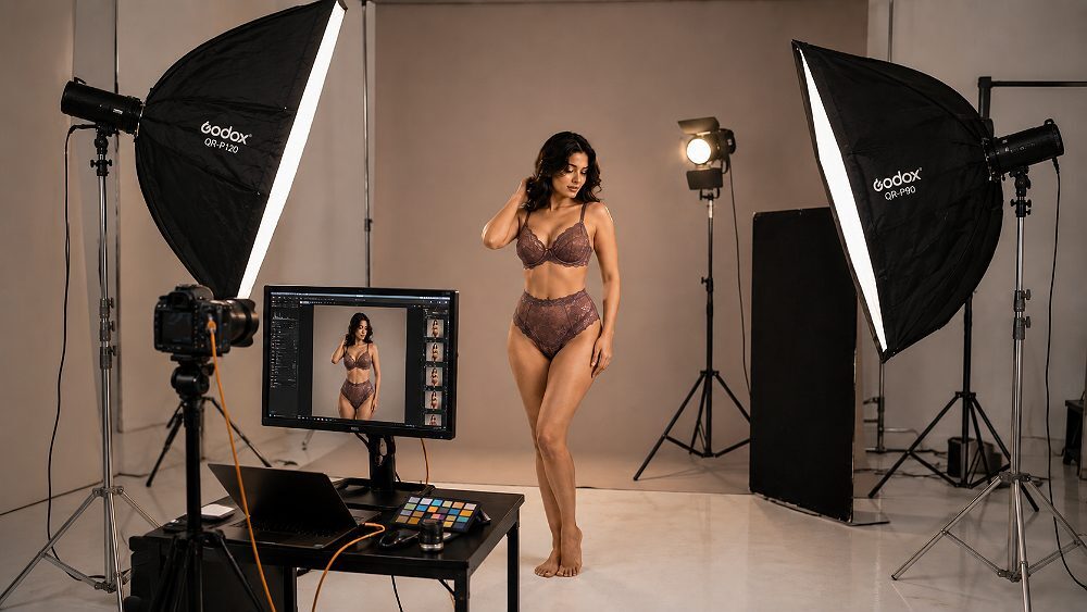 Behind the scenes of behind-the-scenes professional lingerie ecommerce photography lighting setup in a Delhi NCR studio,
