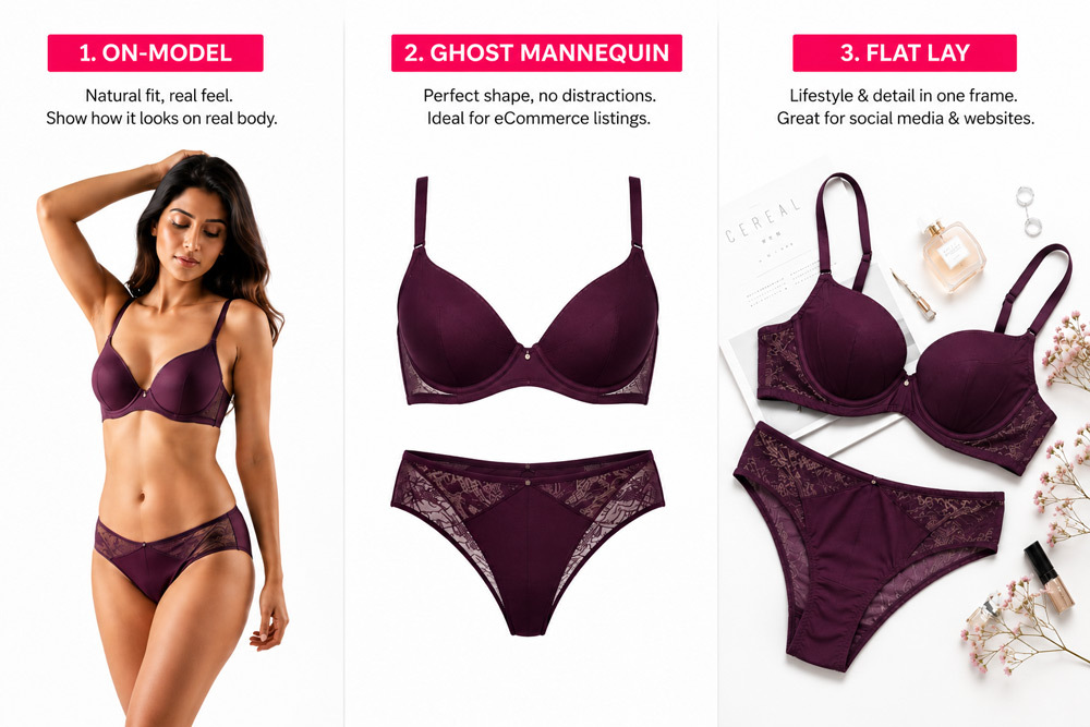 Lingerie photography comparison showing on-model, ghost mannequin and flat lay photography