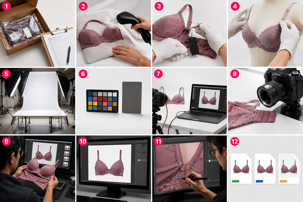12-step lingerie photography services workflow from product preparation and studio capture to retouching and export