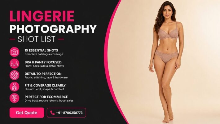 Real adult Indian female fashion model wearing a coordinated premium bra and panty set in an Indian
