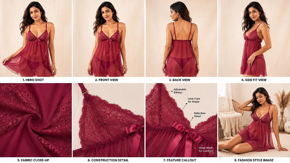 Behind the scenes of eight-image lingerie ecommerce conversion stack showing hero shot, front and back views, side fit