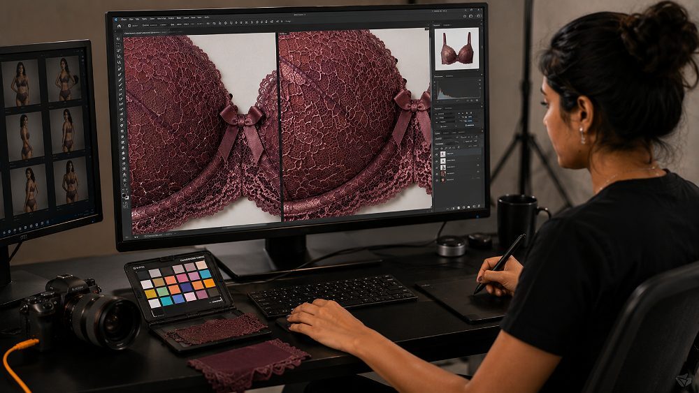 Behind the scenes of high-end lingerie ecommerce retouching and colour-accuracy workstation showing a retoucher viewing a