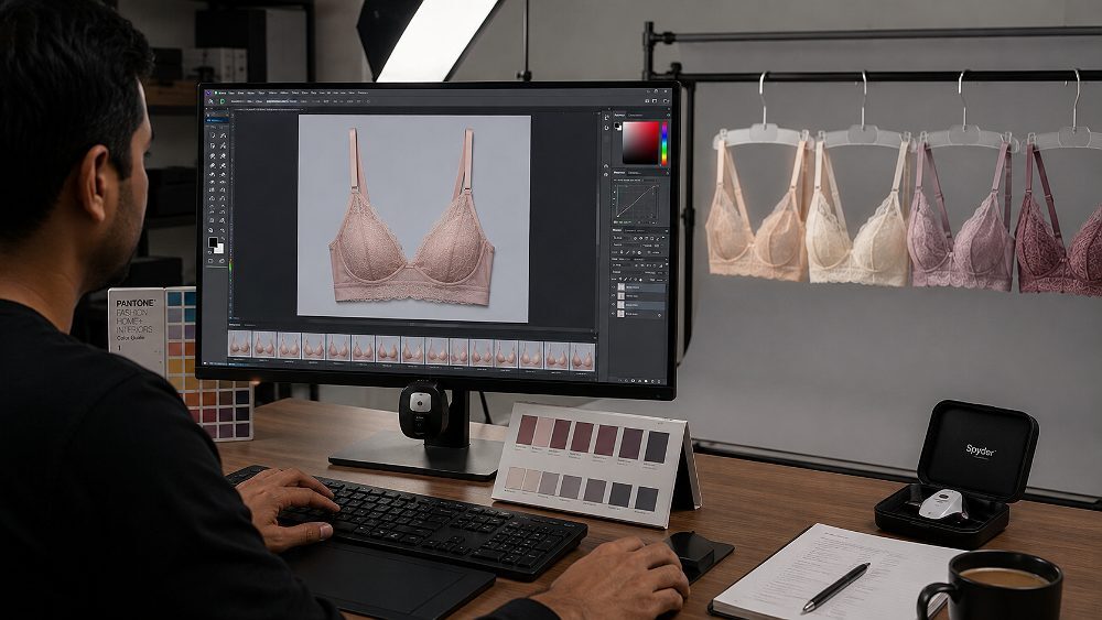 Behind the scenes of side-by-side comparison at an Indian standard ecommerce photography studio showing a bralette photo