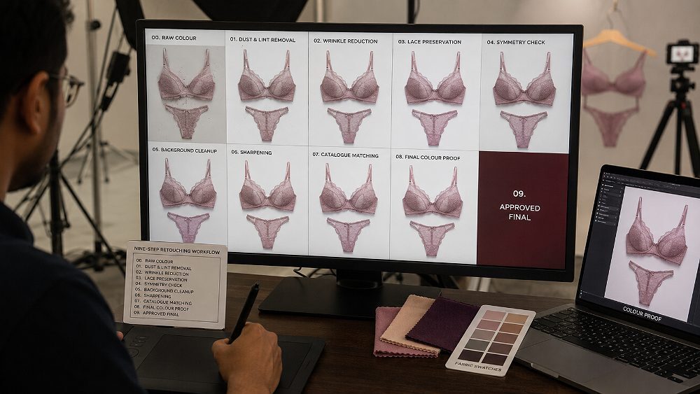 Behind the scenes of nine-step lingerie photo retouching workflow at an Indian standard ecommerce photography studio