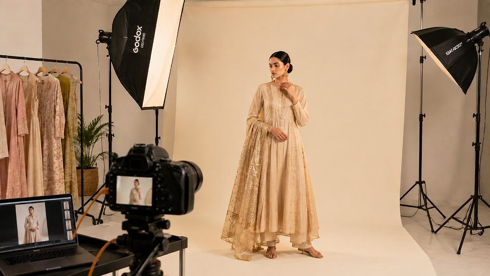 Behind the scenes of editorial fashion lookbook photography shoot in progress at Indian standard ecommerce photography
