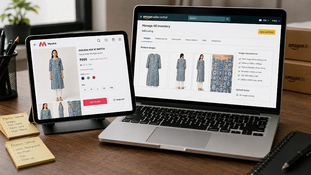 Behind the scenes of retail merchant desk with tablet showing Myntra fashion product listing preview beside laptop with