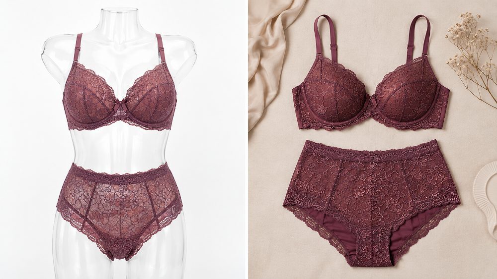 Behind the scenes of marketplace-safe lingerie product photography comparison showing a coordinated lace bra and brief set
