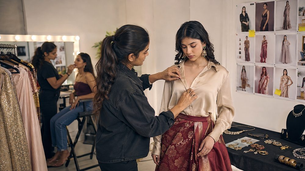Behind the scenes of behind the scenes of model casting and wardrobe styling for a fashion brand lookbook at Indian