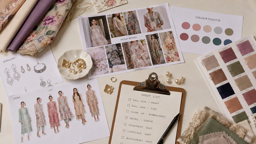 Behind the scenes of mood board and styling flat lay for a womenswear capsule collection lookbook at Indian standard