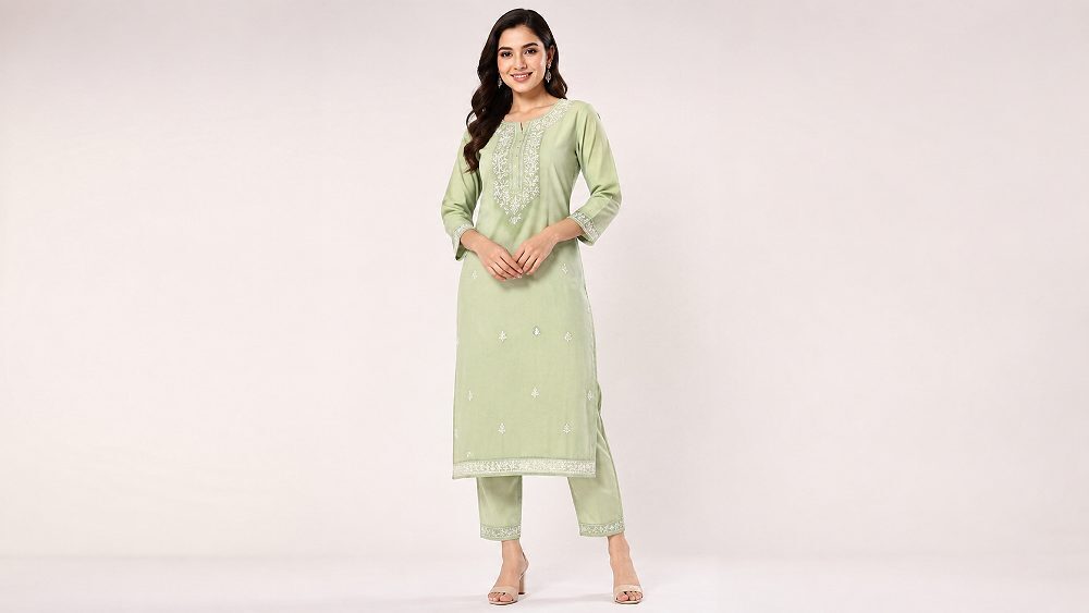 Myntra M-Studio compliant on-body model photograph in portrait 3 by 4 aspect ratio of a woman wearing a pastel green kurta set standing full-length against a neutral off-white seamless backdrop shot at Indian standard ecommerce photography studio with soft even key light minimal shadow and neutral hair and makeup so the garment reads as the hero for the marketplace listing