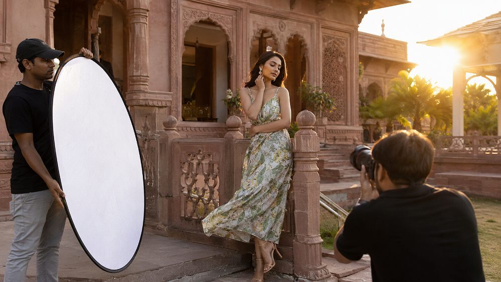 Behind the scenes of outdoor fashion lookbook photography on location in Delhi NCR with female model in flowing