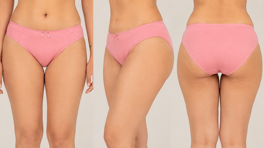 Behind the scenes of three-angle ecommerce panty photography guide featuring the same real adult Indian female model