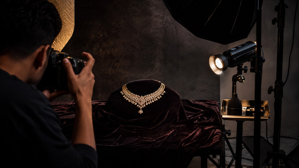 Premium editorial jewellery photography featuring gold and diamond necklace on dark velvet background shot in Delhi NCR studio by Ckstudio for 2026 pricing guide