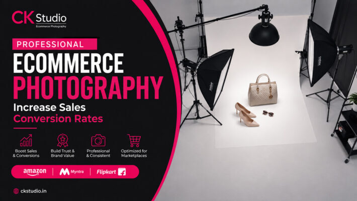 Professional ecommerce photography setup showing studio lighting and fashion products for increasing sales conversion rates on Amazon and Myntra