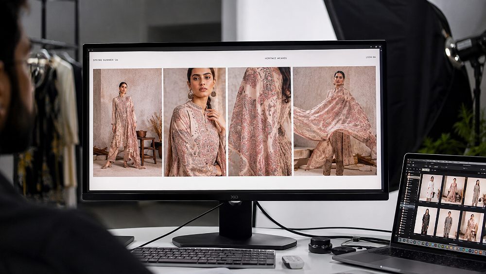 Behind the scenes of editorial sequenced fashion lookbook spread on retoucher's monitor at Indian standard ecommerce