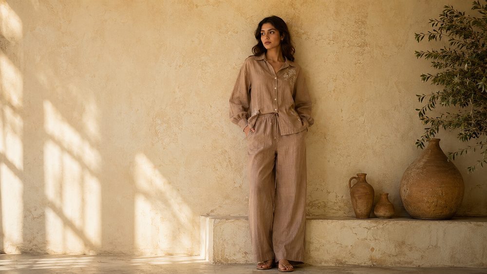 Shopify D2C editorial lookbook hero image shot at Indian standard ecommerce photography studio of a woman model in a slow fashion co-ord set styled in muted earth tones photographed against a warm textured plaster wall in soft window light with cinematic colour grade and generous headroom for homepage banner and collection cover cropping used in D2C fashion e commerce photography