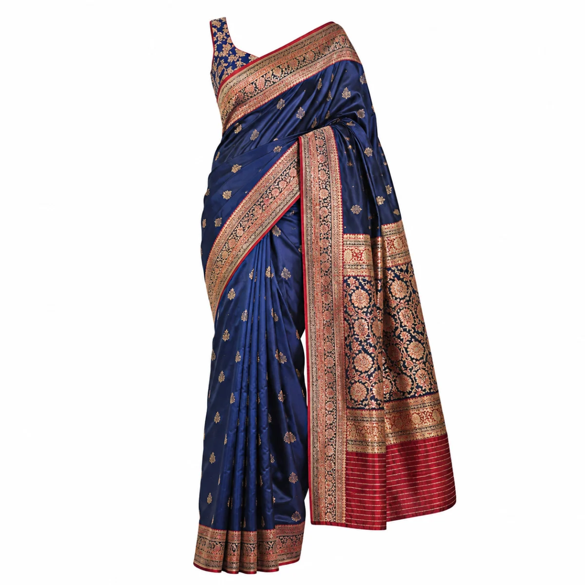 Navy blue silk saree with a red and gold zari border draped on an invisible mannequin, showing fabric shine and pallu detail for a catalogue listing