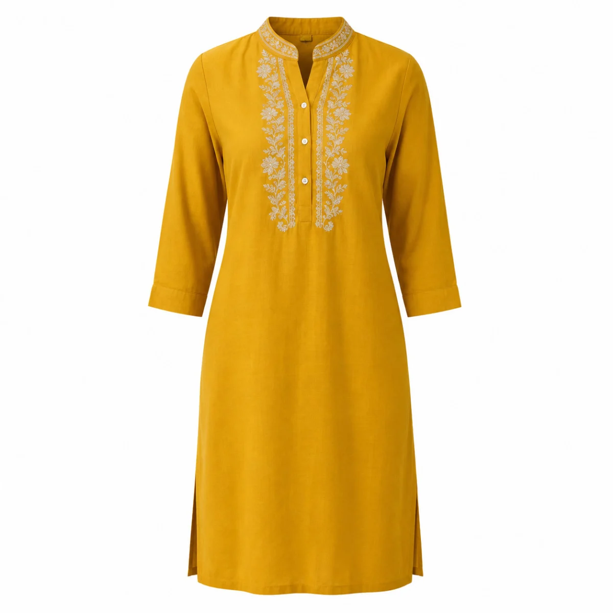 Mustard yellow straight kurti with white thread embroidery photographed on an invisible mannequin against a clean white background as one colourway of a fashion catalogue