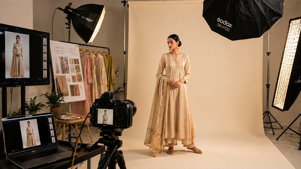 Behind the scenes of professional studio lighting setup for editorial fashion lookbook photography at Indian standard