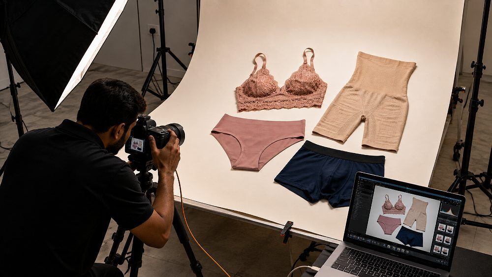 Behind the scenes of undergarment photography flat lay at Indian standard ecommerce photography studio featuring lace