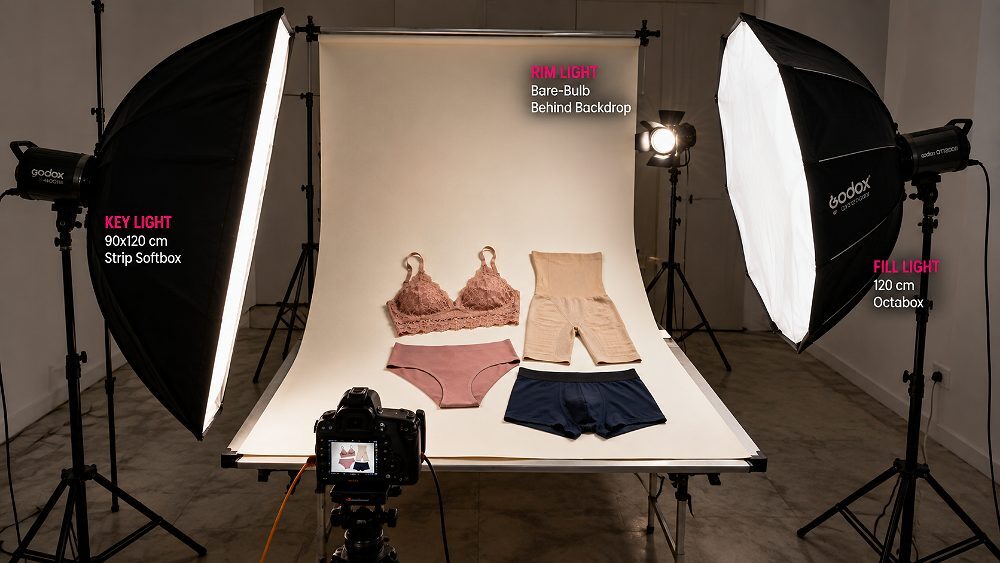 Behind the scenes of three-light strobe setup at Indian standard ecommerce photography studio with 90x120 cm strip