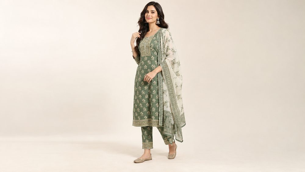 Behind the scenes of female fashion model captured in a clean three-quarter Myntra clothing pose wearing an ethnic kurta